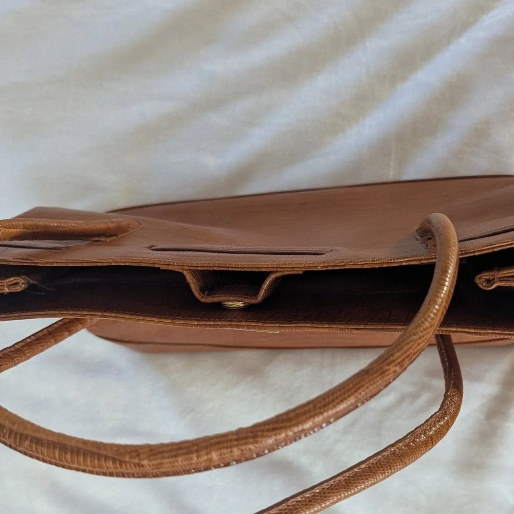 Vtg Ann Taylor Brown Cognac‎ Embossed Leather Satchel Bag Structured Work Tote